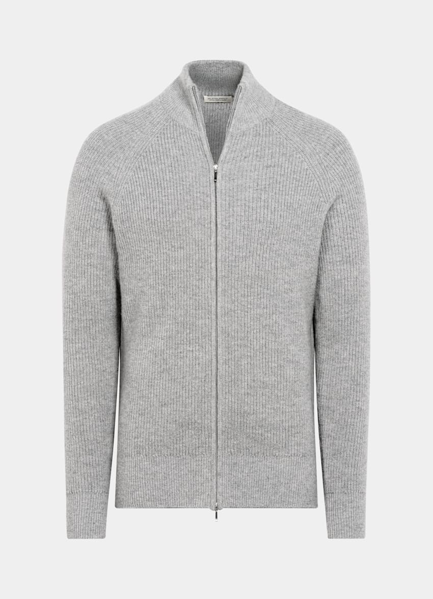 SUITSUPPLY Australian Wool & Mongolian Cashmere Light Grey Ribbed Zip Cardigan