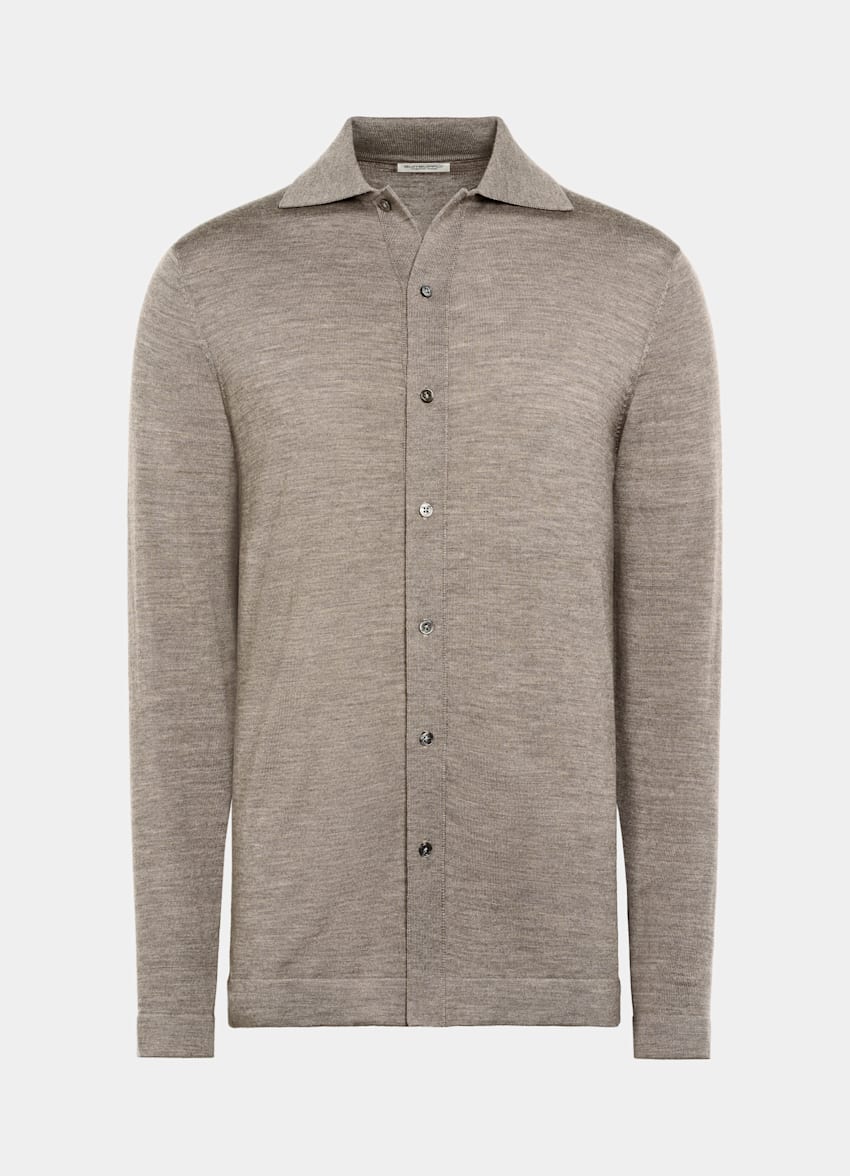 SUITSUPPLY Pure australische Merinowolle Polo-Cardigan taupe Langarm