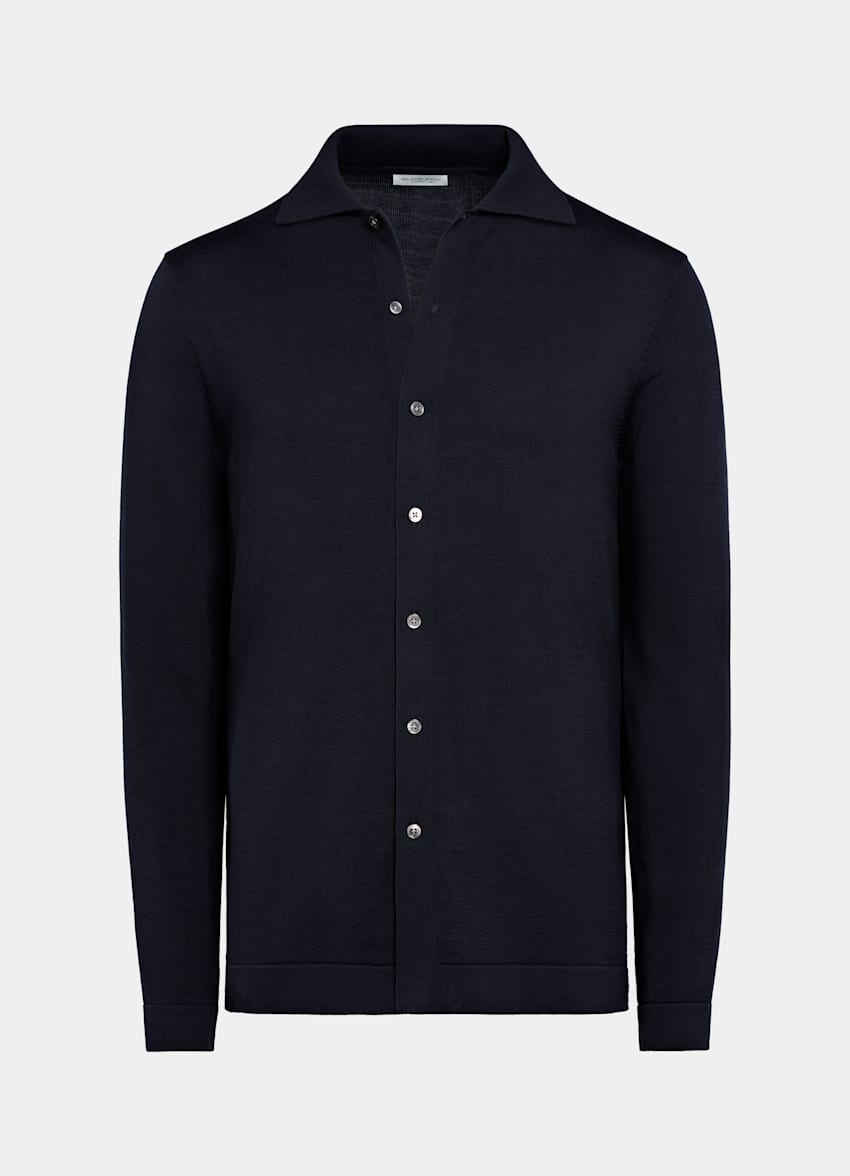 Navy Long Sleeve Polo Cardigan in Californian Cotton & Mulberry Silk ...