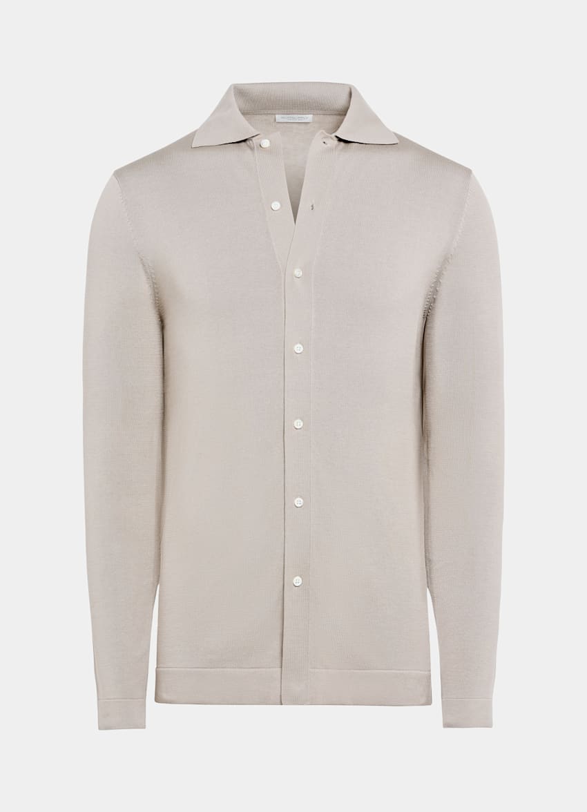 SUITSUPPLY Californian Cotton & Mulberry Silk Light Taupe Long Sleeve Polo Cardigan