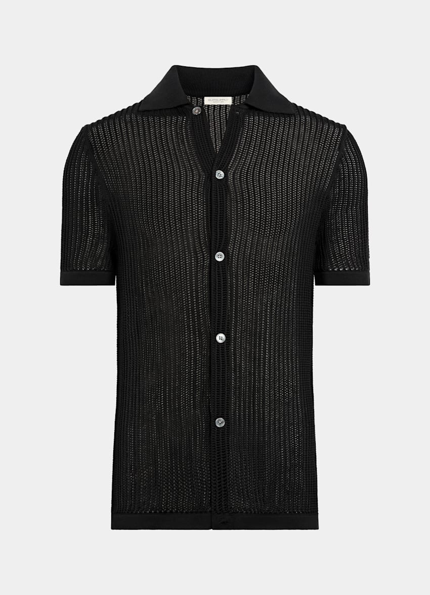 SUITSUPPLY 加州棉和桑蚕丝 黑色钩针编织 Polo 开襟衫
