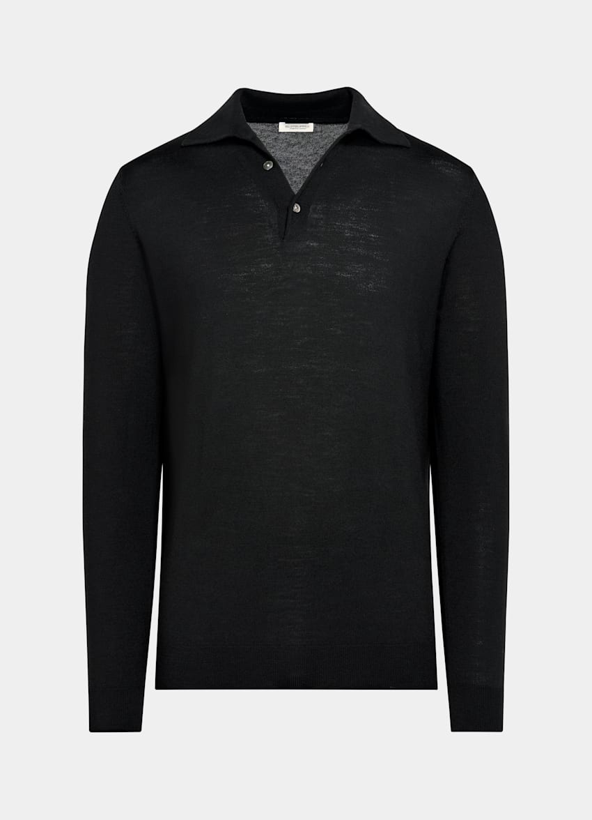 SUITSUPPLY Pure Wool Black Merino Long Sleeve Polo