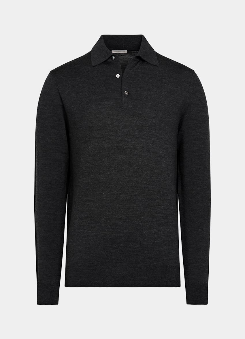 SUITSUPPLY Pure Schurwolle Merino Poloshirt Langarm dunkelgrau