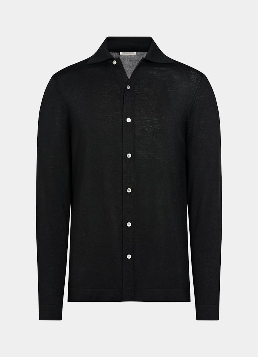 SUITSUPPLY Pure Wool Black Merino Long Sleeve Polo Cardigan