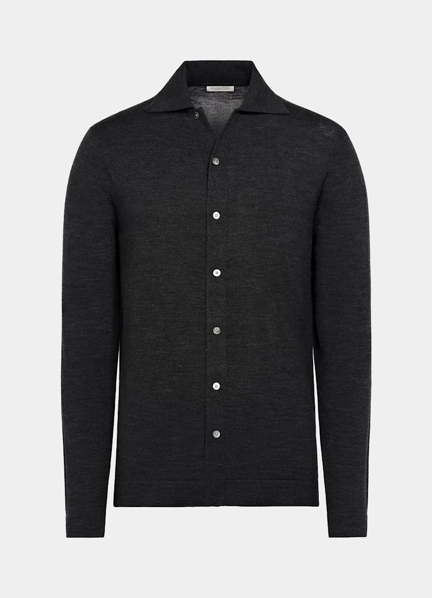 SUITSUPPLY Pure Schurwolle Merino Polo-Cardigan Langarm dunkelgrau