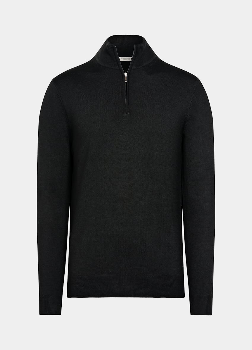 SUITSUPPLY Ren ull Svart merinotröja med half zip