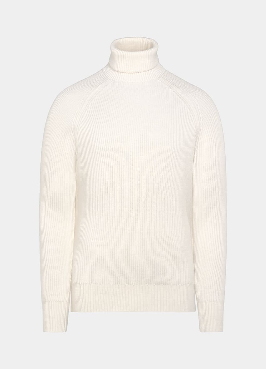 SUITSUPPLY Pure Schurwolle Merino Rollkragenpullover off-white Rippstrick