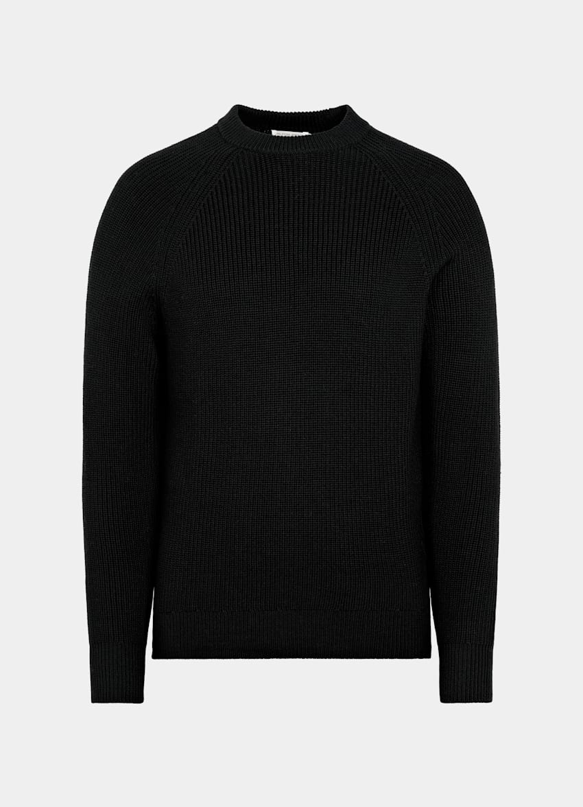 SUITSUPPLY Czysta wełna Sweter crewneck prążkowany merino czarny