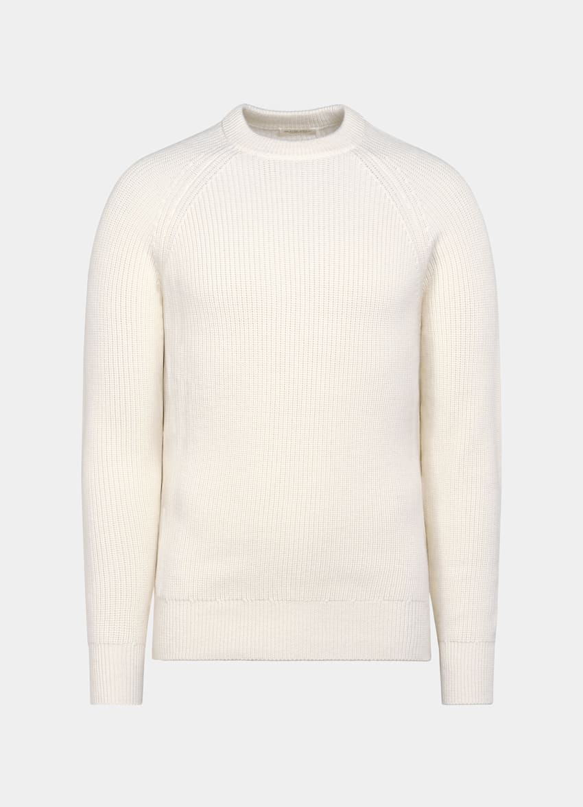 SUITSUPPLY Pure Schurwolle Merino Rundhalspullover off-white Rippstrick