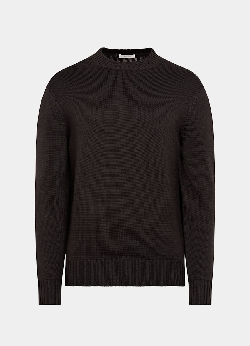 SUITSUPPLY Czysta wełna Sweter crewneck merino ciemnobrązowy