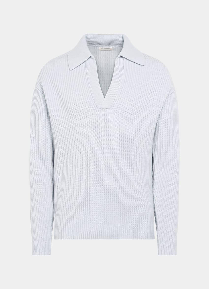 SUITSUPPLY Wool & Cashmere Light Blue Ribbed Long Sleeve Buttonless Polo