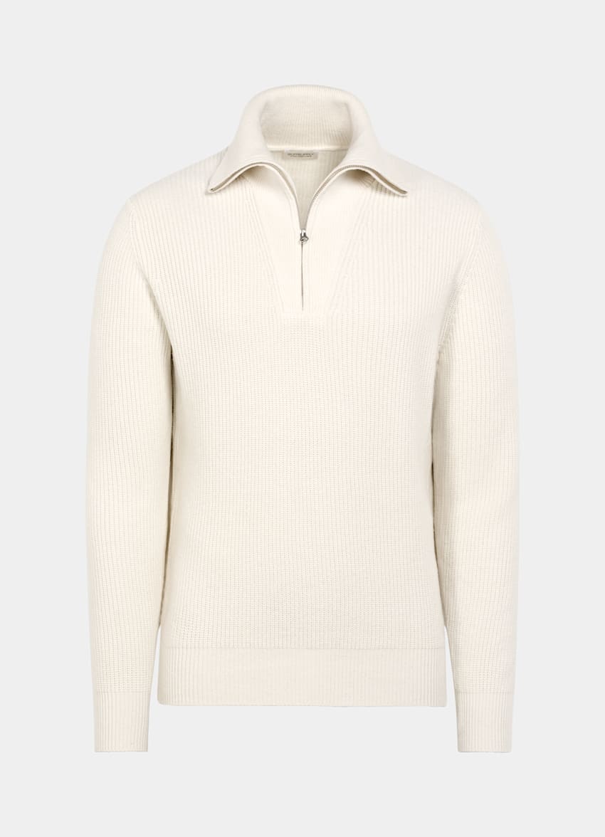 SUITSUPPLY Schurwolle und Cashmere Off-White Rippstrick halber Reißverschluss