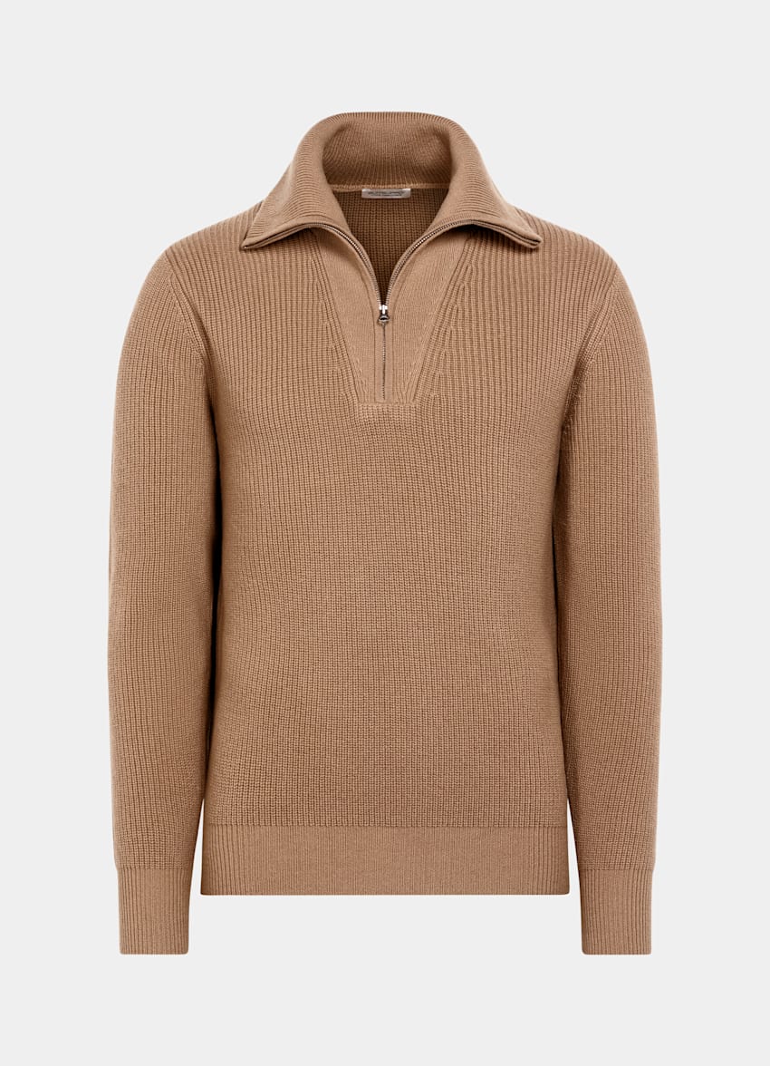 SUITSUPPLY Lana e cashmere Maglione marrone a coste con mezza zip