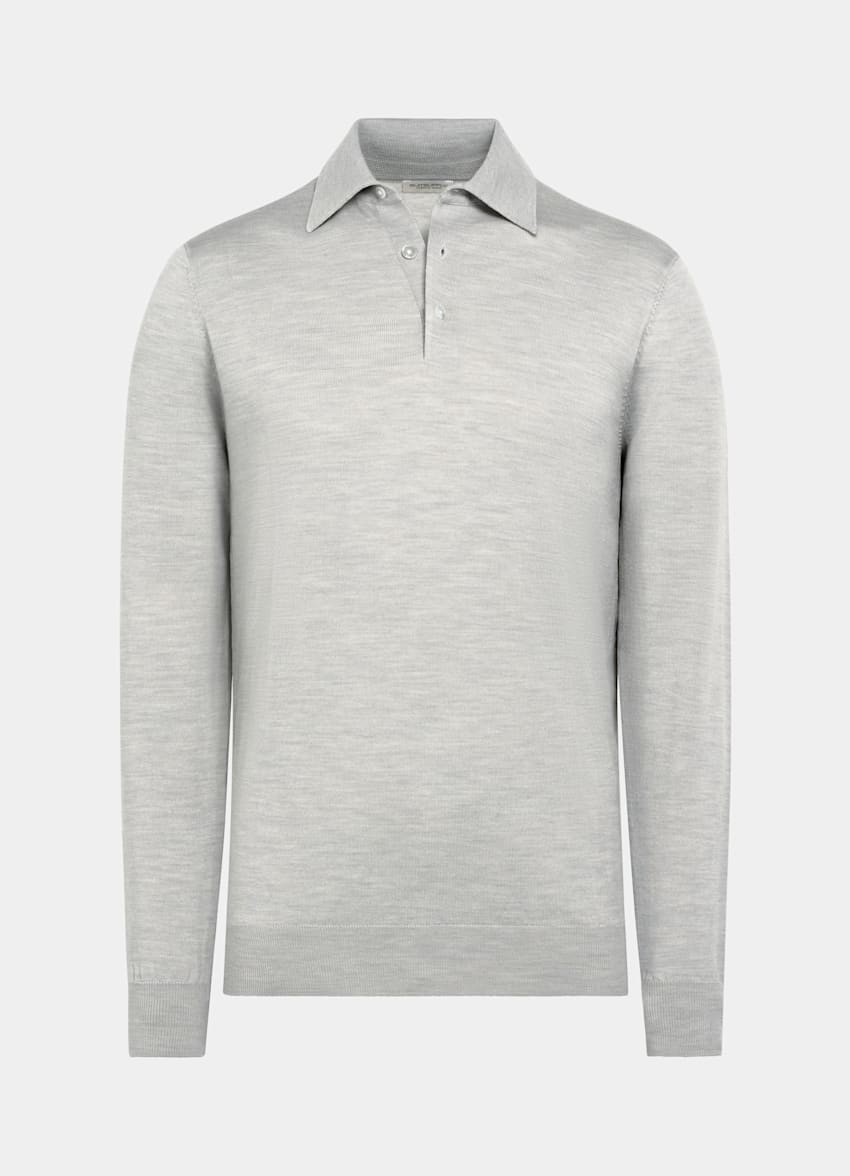 SUITSUPPLY Pure Wool Light Grey Merino Long Sleeve Polo