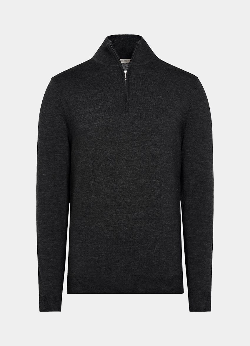 SUITSUPPLY Ren ull Mörkgrå merinotröja med half zip