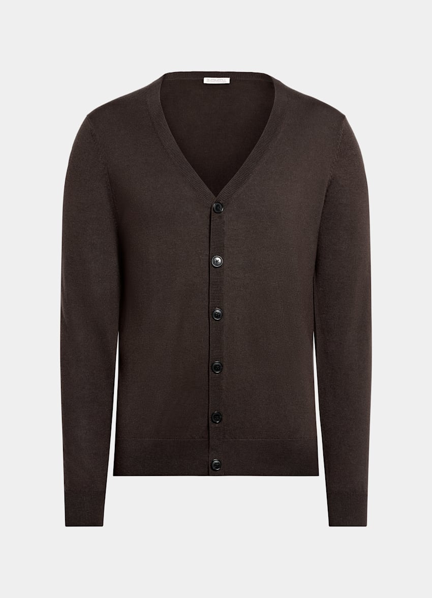 SUITSUPPLY Silk, Wool, Cashmere Mid Brown V-Neck Cardigan