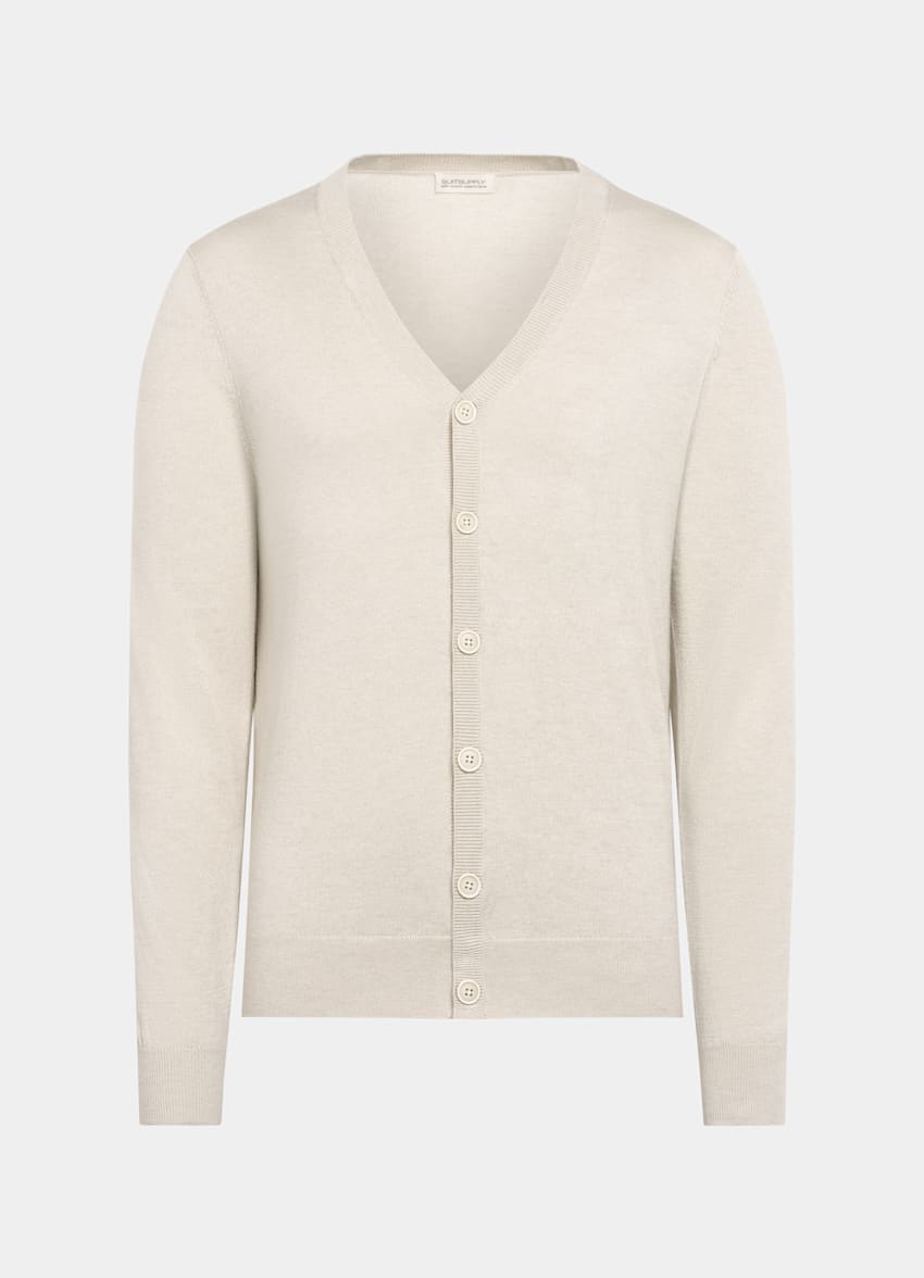 SUITSUPPLY Silk, Wool, Cashmere Sand V-Neck Cardigan