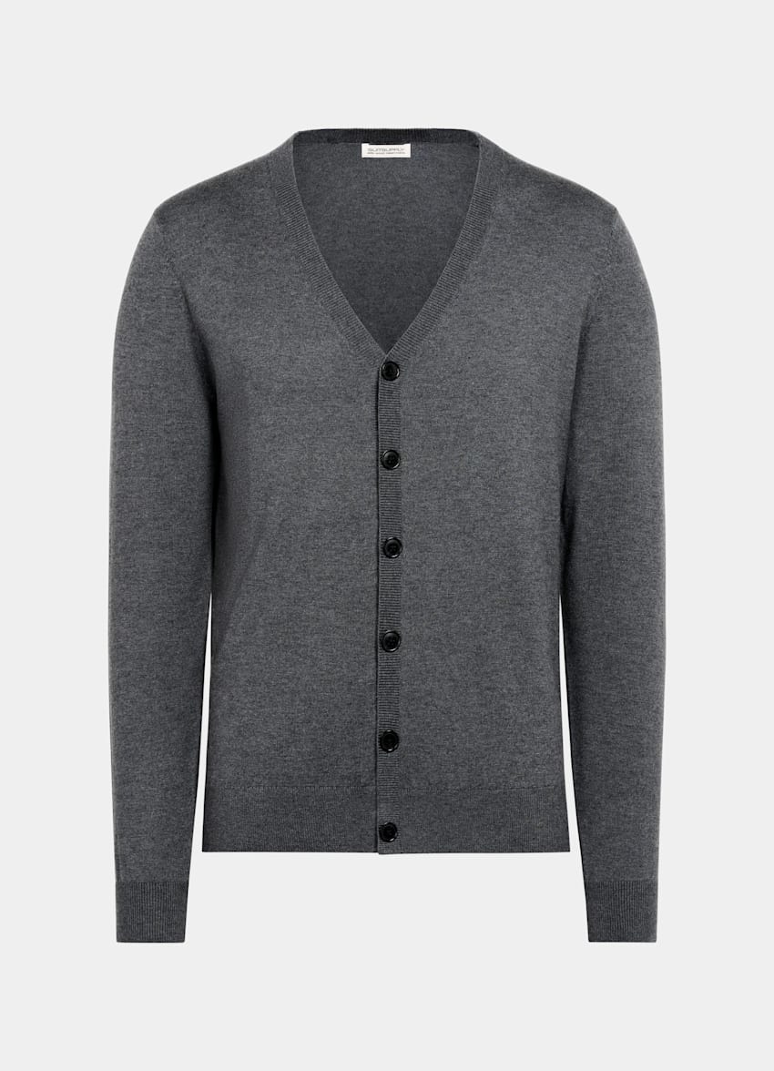SUITSUPPLY Silk, Wool, Cashmere Grey V-Neck Cardigan