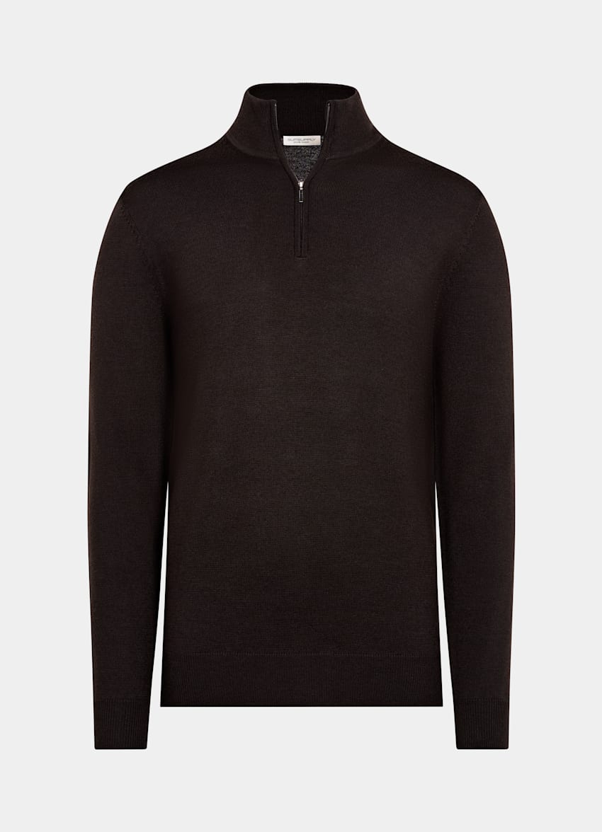 SUITSUPPLY Pure Wool Dark Brown Merino Half Zip