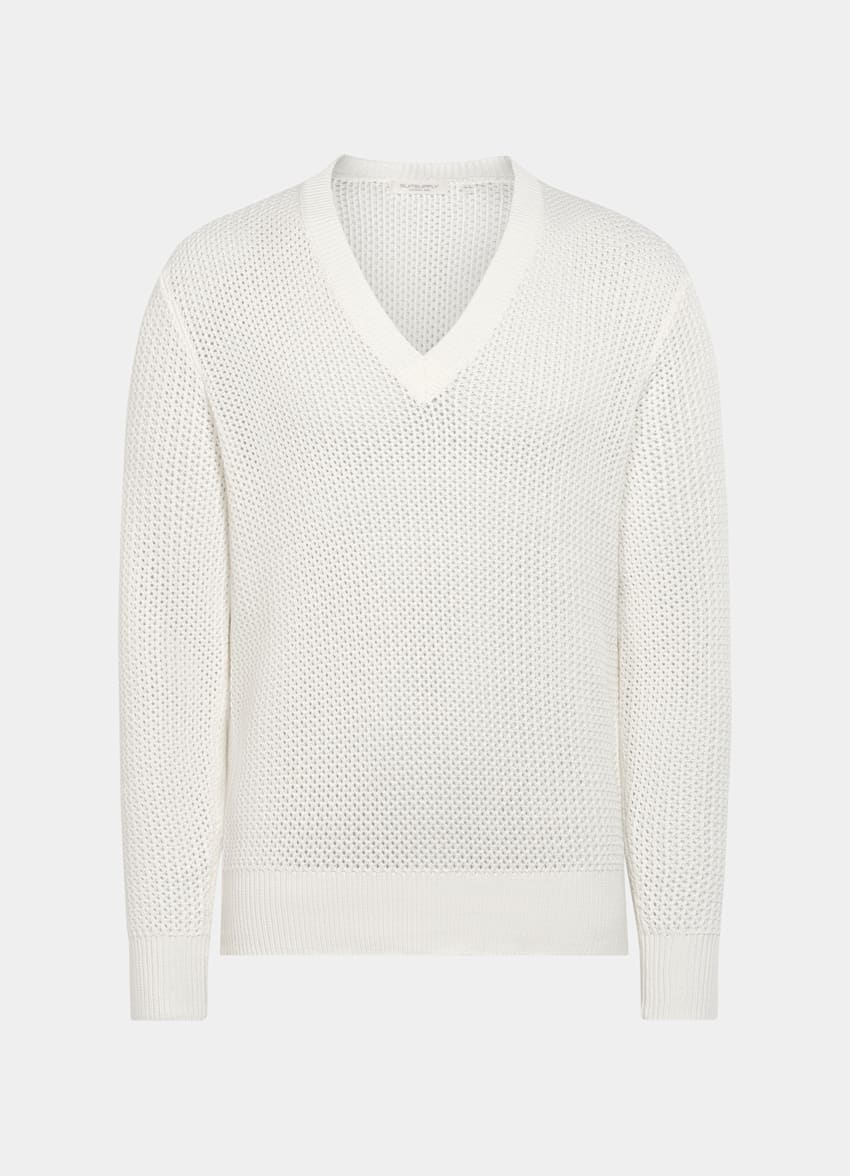 SUITSUPPLY Coton et soie Pull col V en crochet blanc cassé