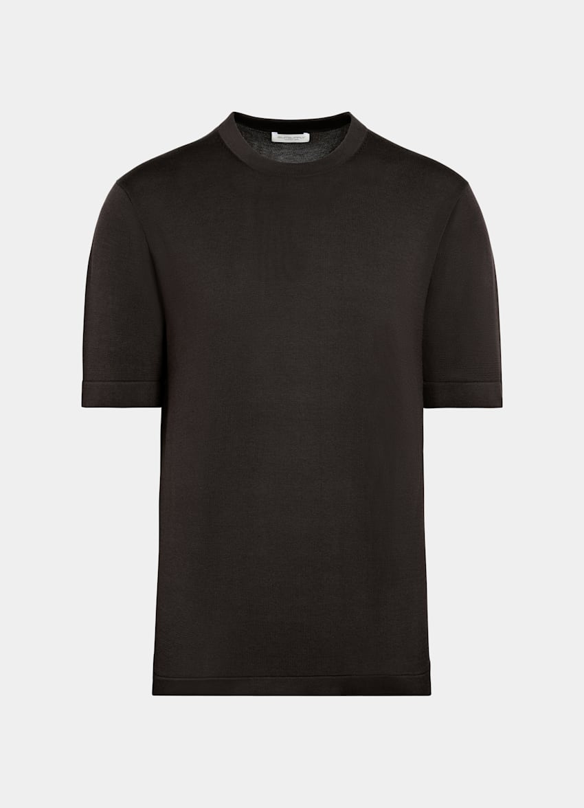 SUITSUPPLY Californian Cotton & Mulberry Silk Dark Brown Short Sleeve Crewneck