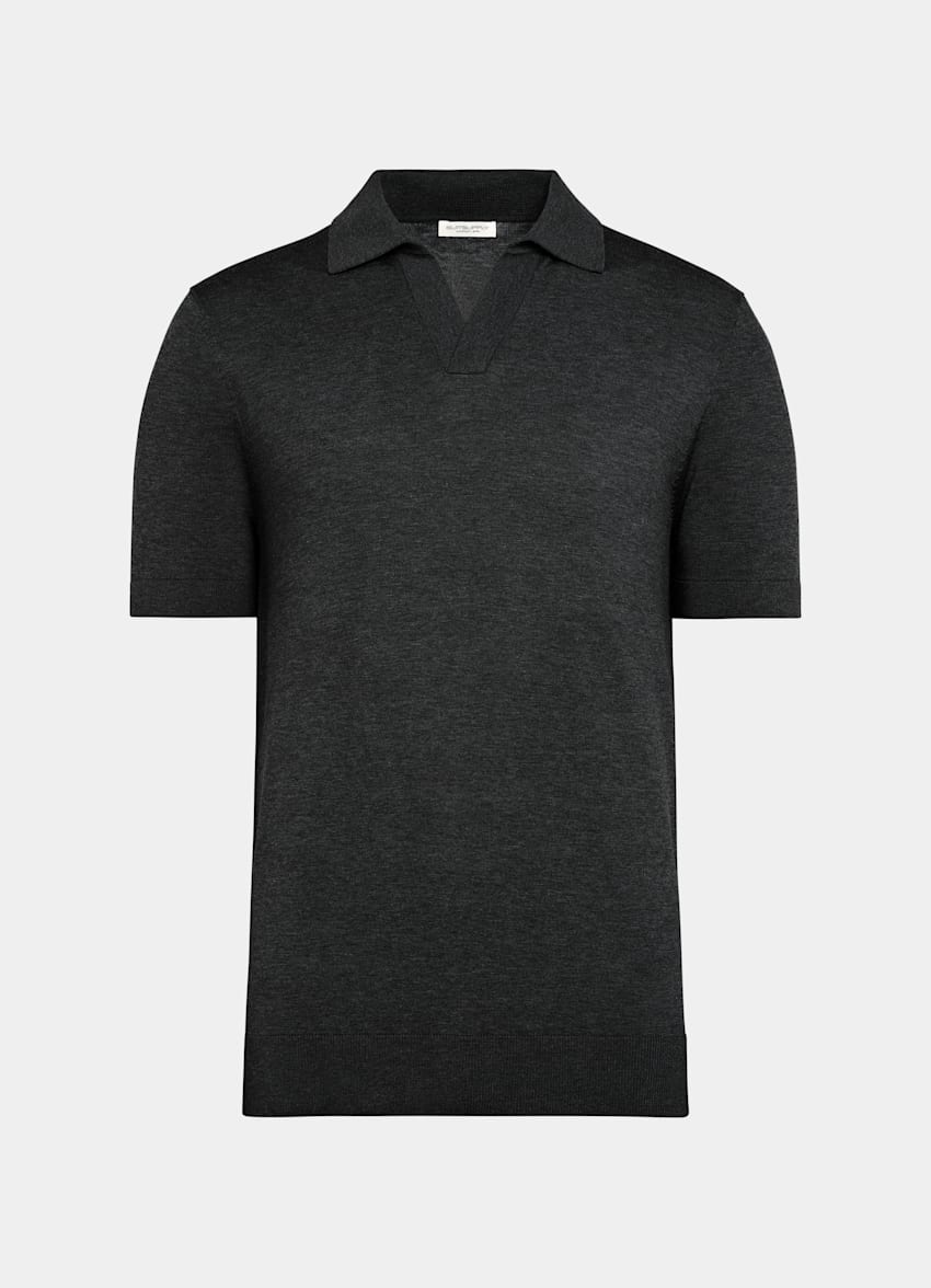 SUITSUPPLY Californian Cotton & Mulberry Silk Dark Grey Buttonless Polo
