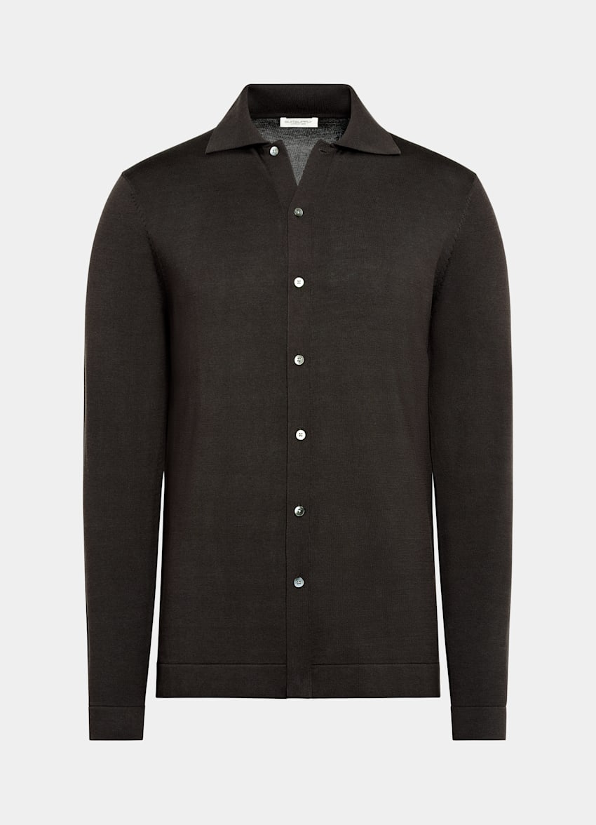 SUITSUPPLY Kalifornische Baumwolle und Maulbeerseide Polo-Cardigan dunkelbraun Langarm