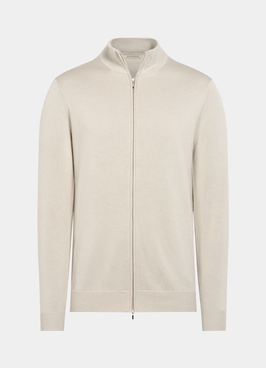 SUITSUPPLY Silk Wool Cashmere Sand Zip Cardigan