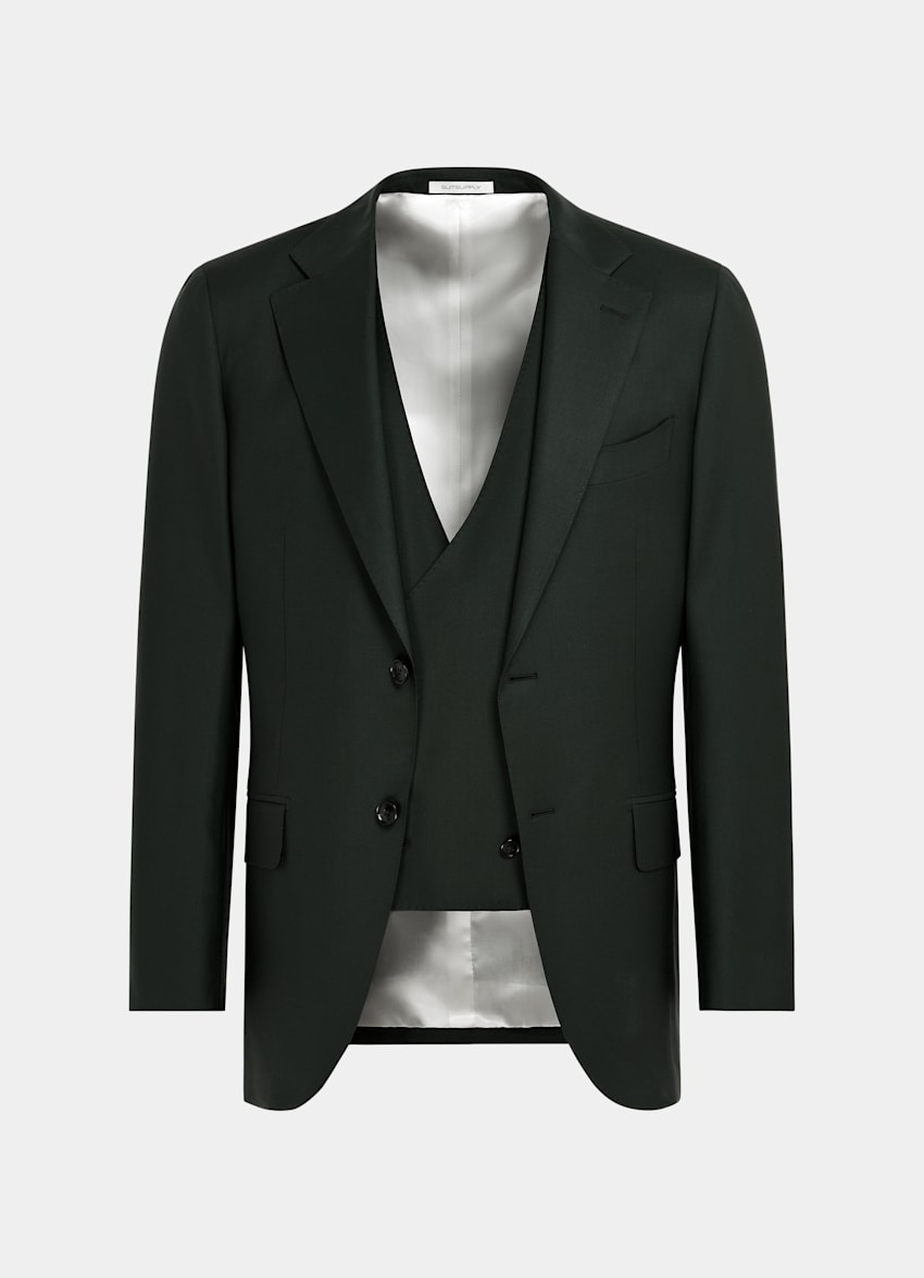 SUITSUPPLY Pure S150's Wool by Vitale Barberis Canonico, Italy Dark Green Three-Piece Lazio Suit