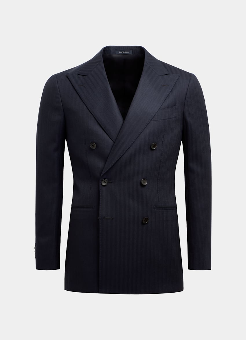 SUITSUPPLY All Season Pure S120's Wool by Delfino, Italy Navy Herringbone Tailored Fit Havana Suit