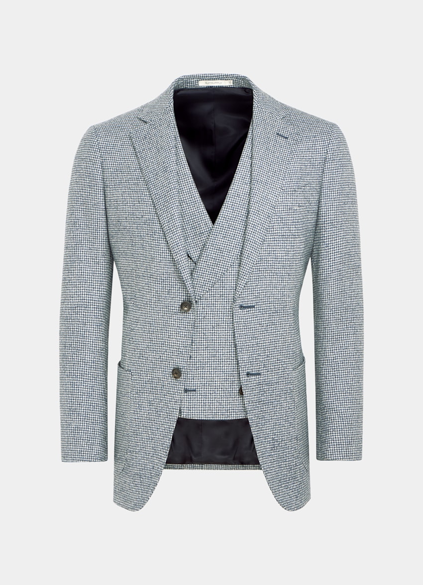 SUITSUPPLY Pure Wool by Angelico, Italy Light Blue Houndstooth Three-Piece Havana Suit