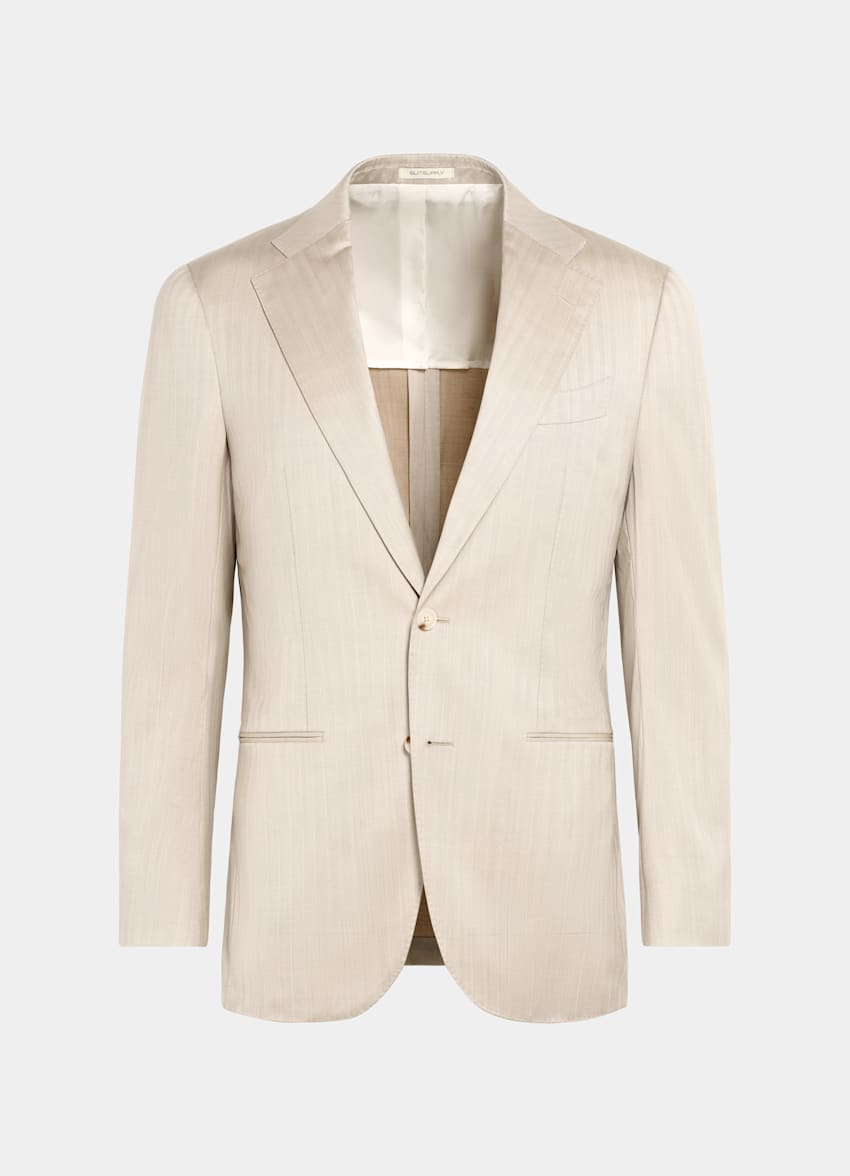 SUITSUPPLY All Season Wool Silk by Delfino, Italy Sand Herringbone Tailored Fit Havana Suit