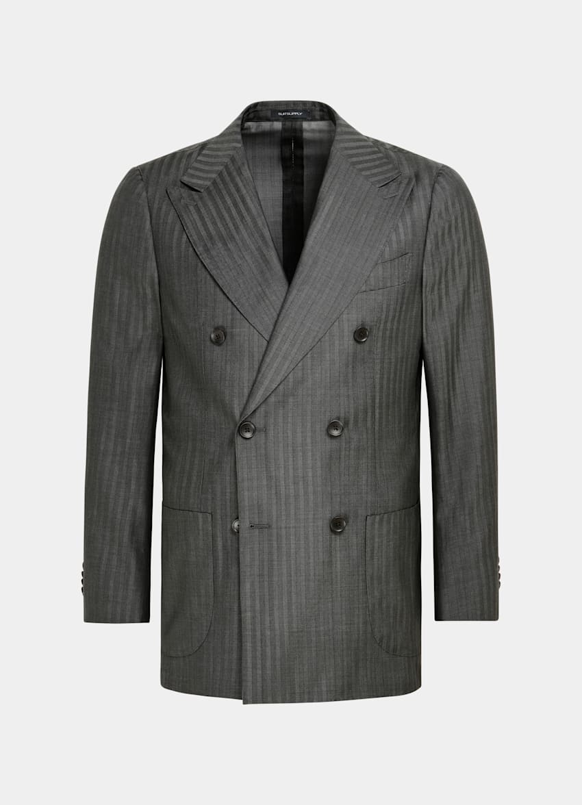 SUITSUPPLY Wool Silk Solaro by Delfino, Italy Dark Grey Herringbone Perennial Tailored Fit Havana Suit