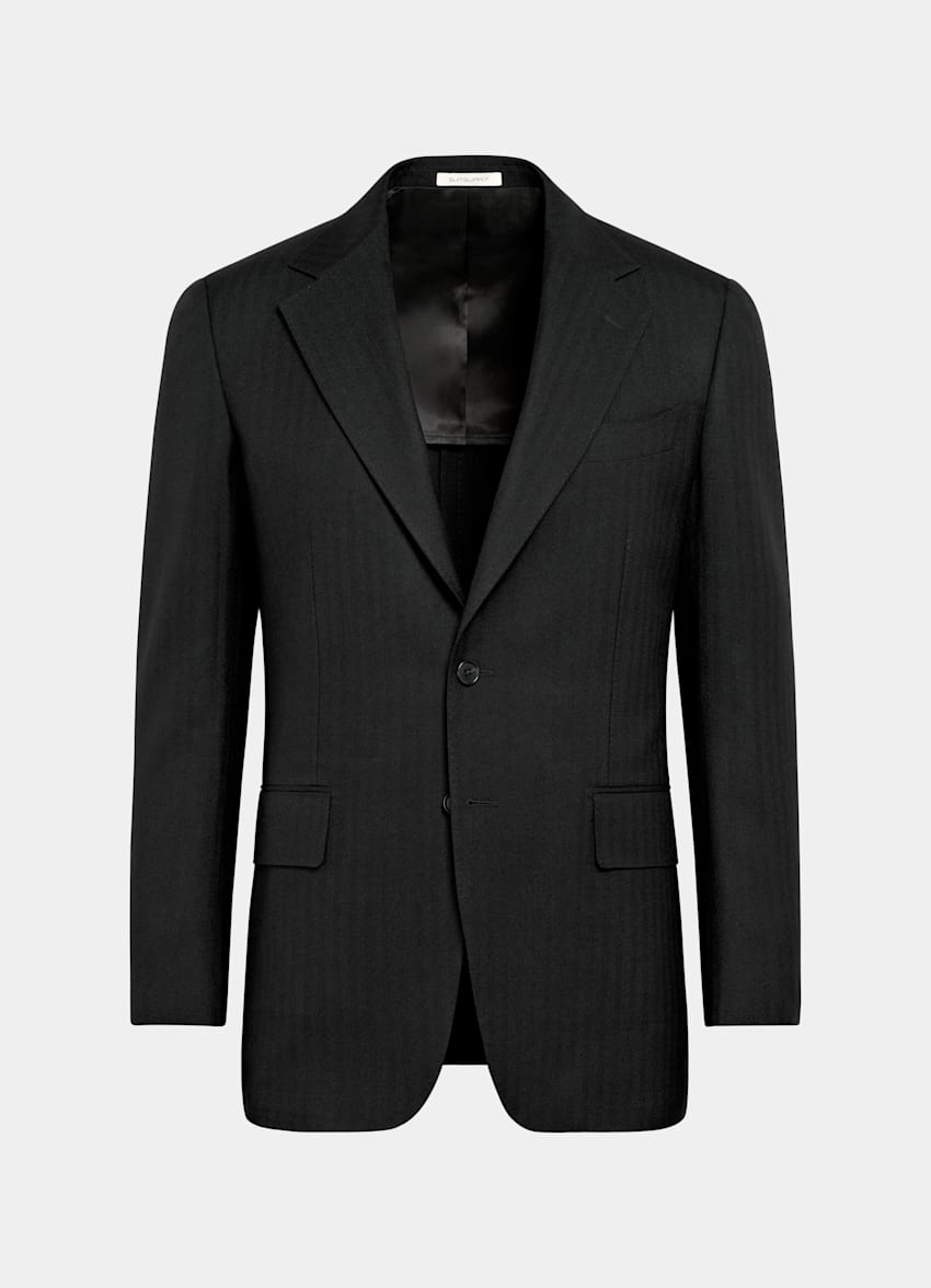 SUITSUPPLY Winter Pure Wool by Dugdale, United Kingdom Black Herringbone Tailored Fit Milano Suit