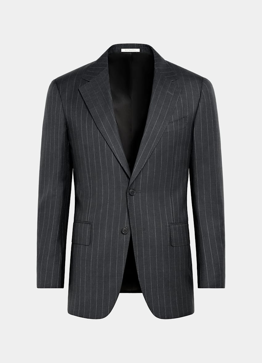 SUITSUPPLY All Season Pure S130's Wool by Delfino, Italy Dark Grey Striped Tailored Fit Milano Suit