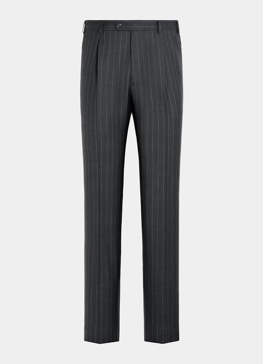 SUITSUPPLY All Season Pure S130's Wool by Delfino, Italy Dark Grey Striped Tailored Fit Milano Suit