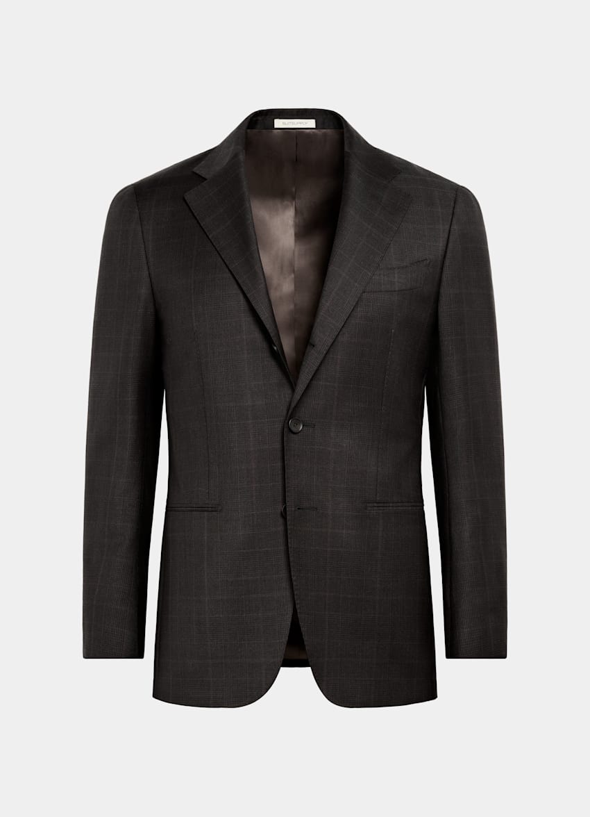 SUITSUPPLY All Season Wool Mohair by Delfino, Italy Dark Brown Checked Tailored Fit Havana Suit