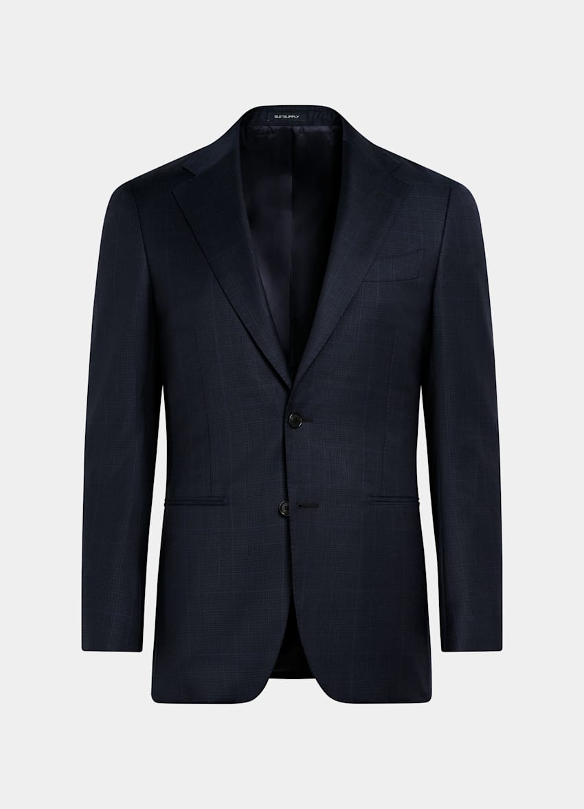 SUITSUPPLY All Season Pure Wool Traveller by Lanificio Ermenegildo Zegna, Italy Navy Checked Tailored Fit Havana Suit