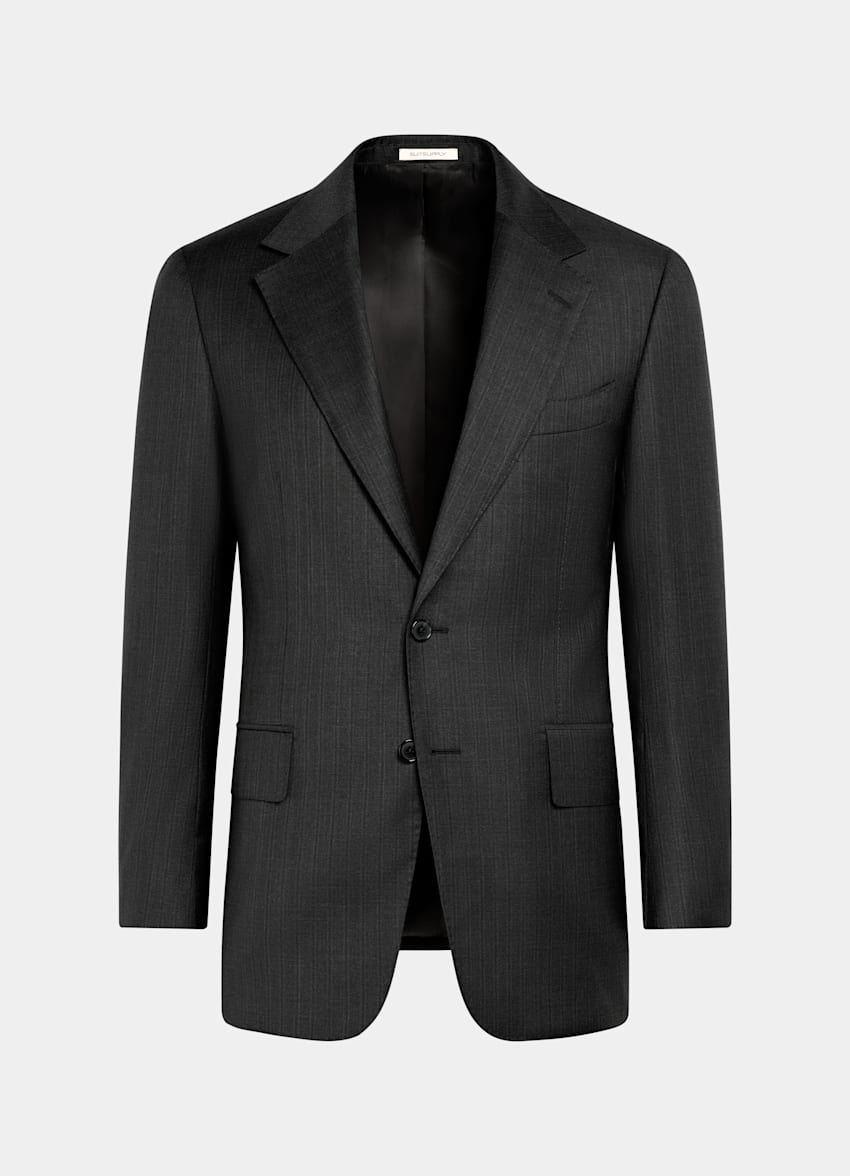 SUITSUPPLY All Season Pure S130's Wool by Carlo Barbera, Italy Dark Grey Striped Tailored Fit Milano Suit