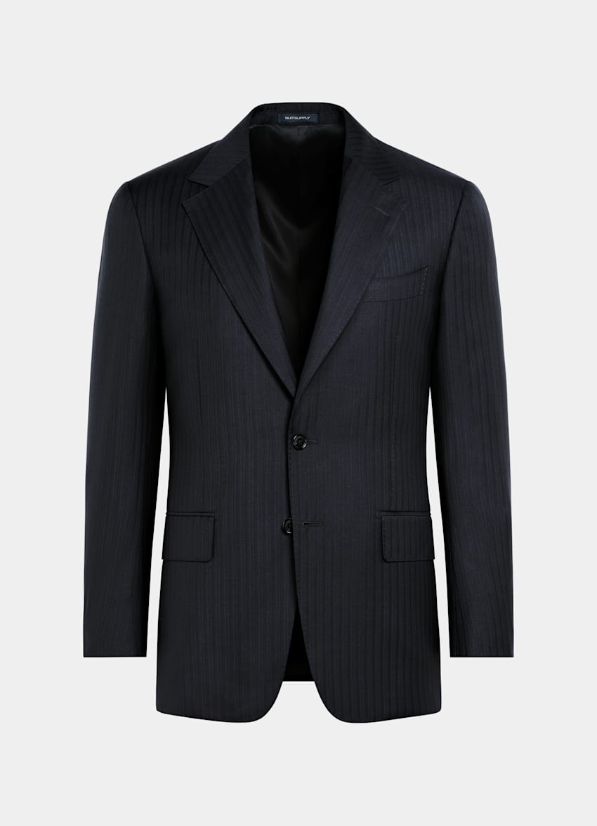 SUITSUPPLY All Season Pure S130's Wool by Drago, Italy Navy Striped Tailored Fit Milano Suit