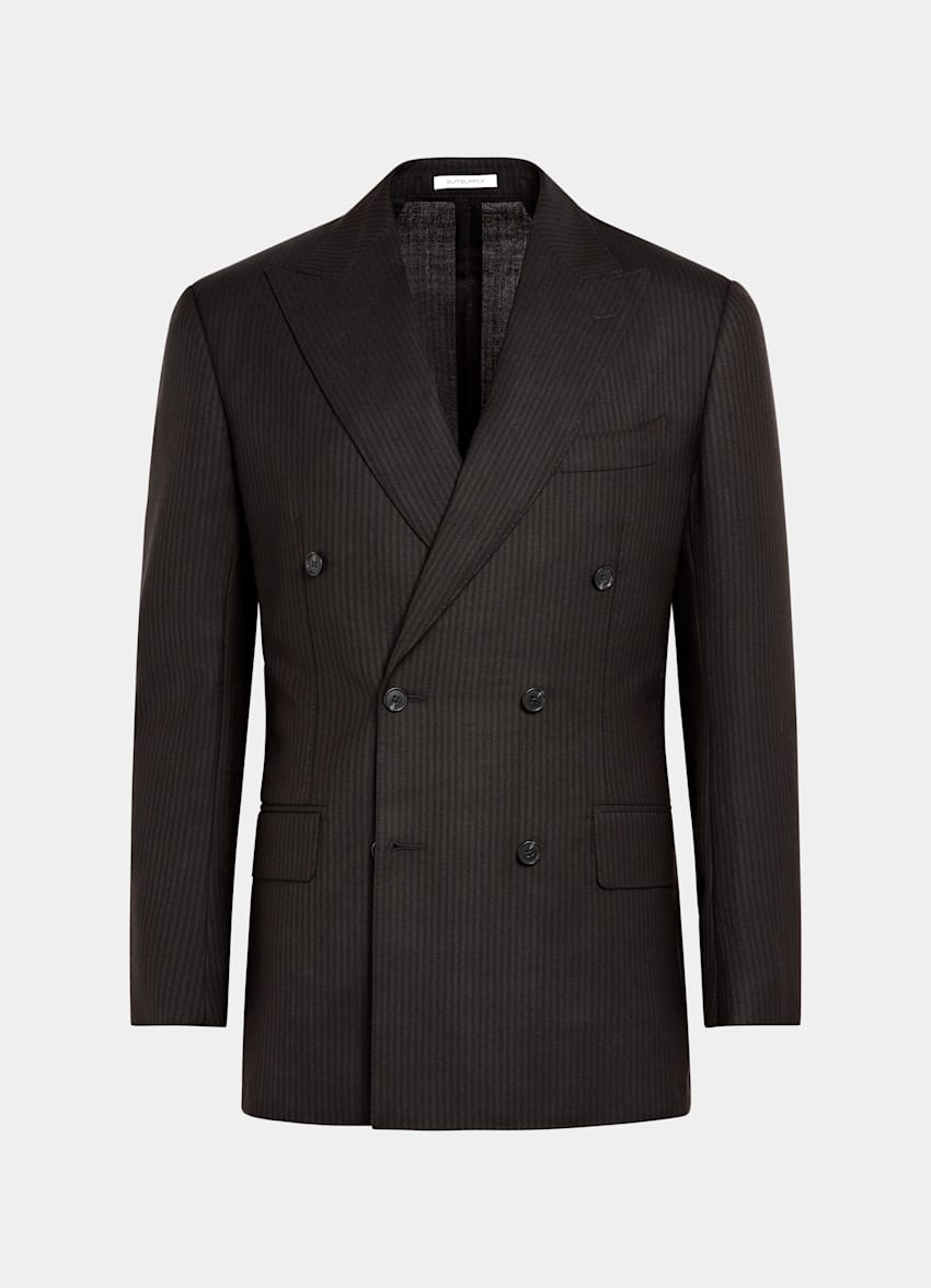 SUITSUPPLY All Season Pure Wool by Marling & Evans, United Kingdom Black Striped Tailored Fit Milano Suit