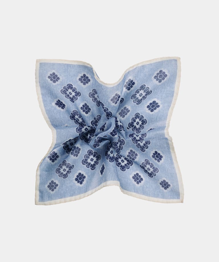 SUITSUPPLY Wool Silk by Silk Pro, Italy Blue Flower Pocket Square