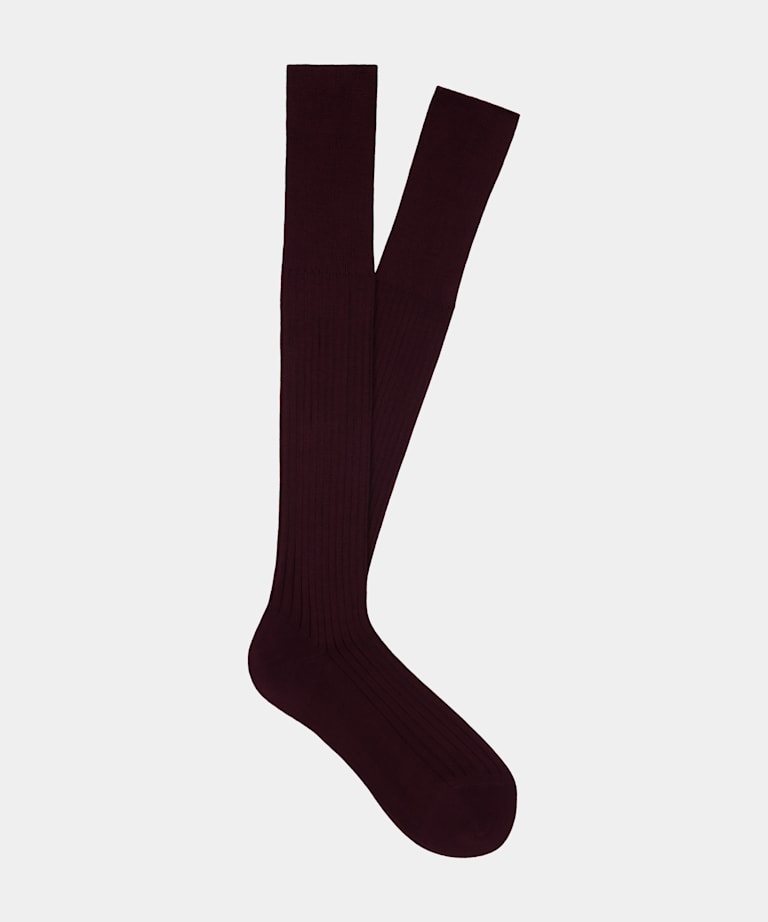 Dark Red Ribbed Knee High Socks