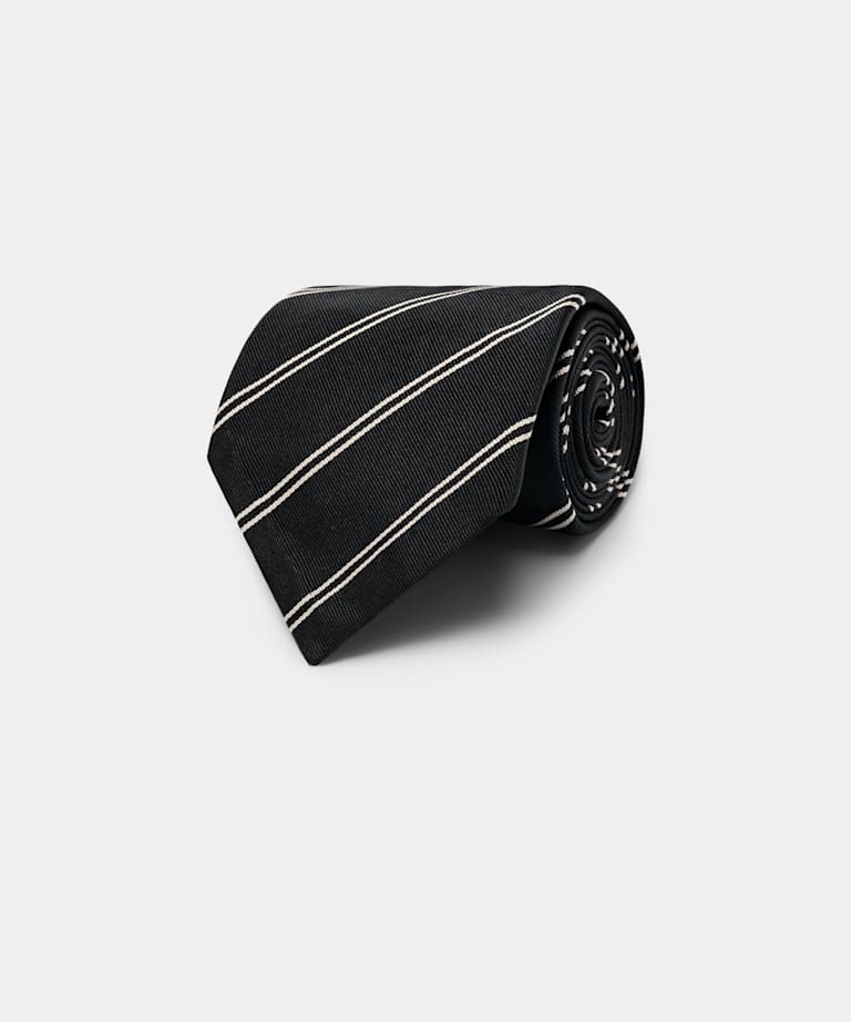 SUITSUPPLY Soie et coton Cravate jacquard ray&eacute;e bleu marine