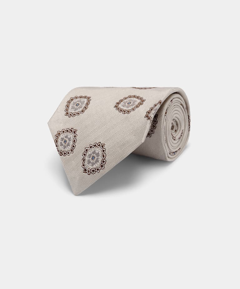 SUITSUPPLY Pura seda de Fermo Fossati, Italia Corbata color crudo con motivo estampado