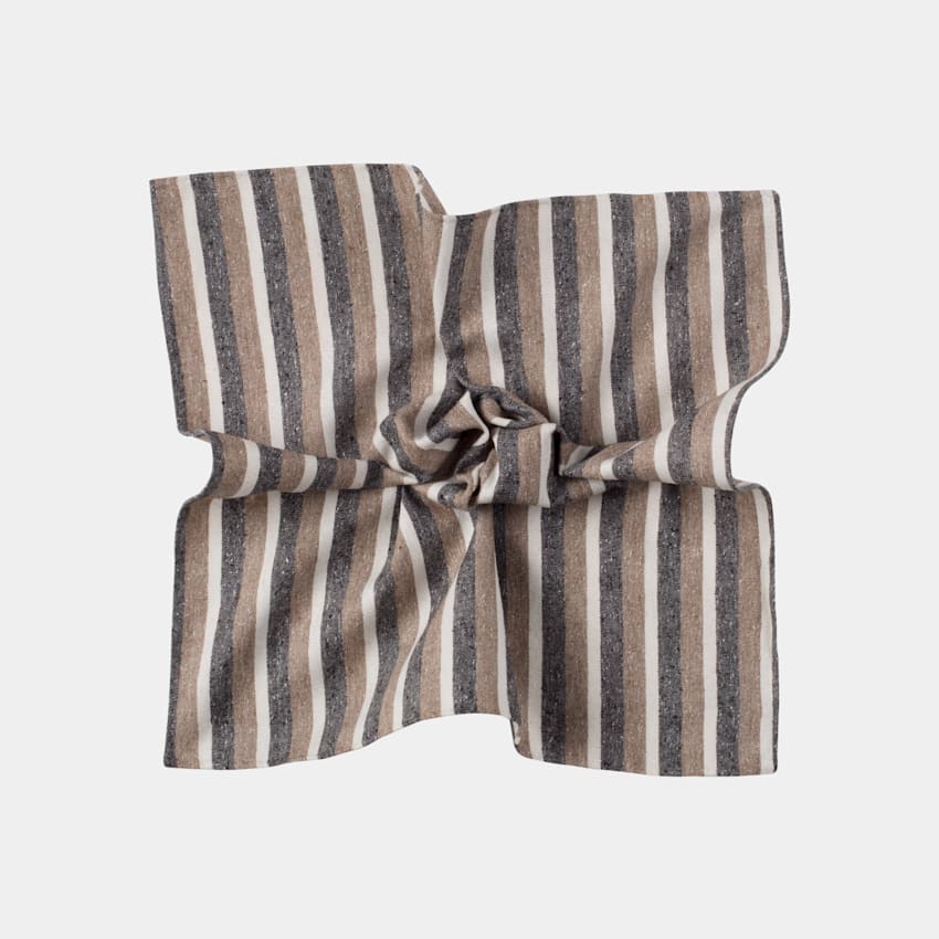 SUITSUPPLY Seda y algodón Pañuelo de bolsillo marrón a rayas
