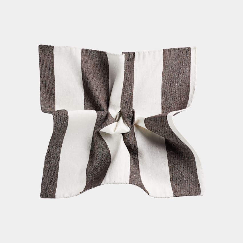 SUITSUPPLY Silk Linen Cotton by Magistri, Italy Brown Stripes Pocket Square