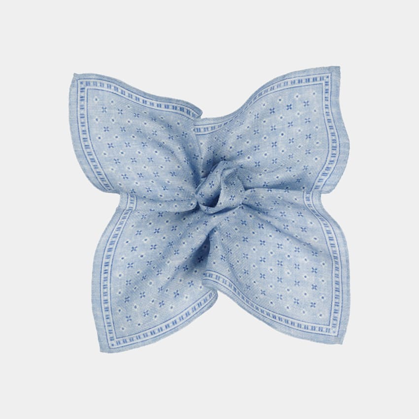 SUITSUPPLY Pure Linen by Silk Pro, Italy Light Blue Flowers Pocket Square