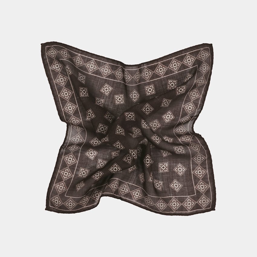 SUITSUPPLY Wool Silk by Silk Pro, Italy Brown Graphic Pocket Square
