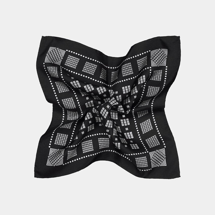 SUITSUPPLY Pure Silk by Silk Pro, Italy Black Graphic Pocket Square